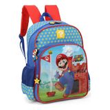 Mochila De Costas Infantil Super Mario Com Chaveiro - Azul
