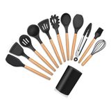 Kit Utensílios Cozinha Talher Silicone 12 Peças Cabo Madeira