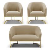 Namoradeira E 2 Poltronas Base Industrial Dourado Stella Suede Marrom Rato D03 - D&#39;rossi