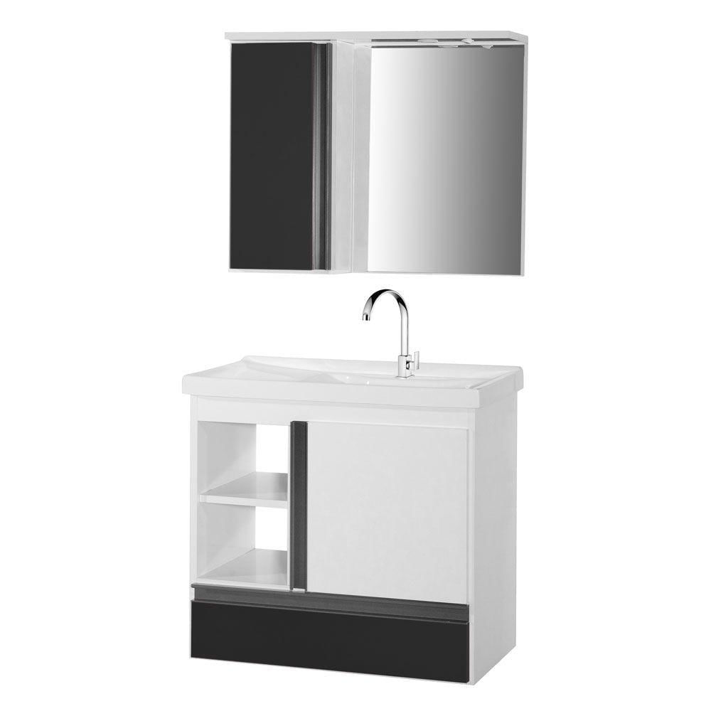 Gabinete De Banheiro Com Espelheira Kit Macapá 60cm Cor:branco-preto