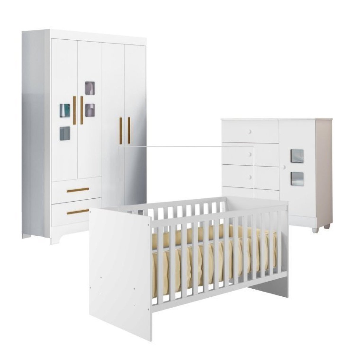 Quarto De Bebê Com Berço Life, Cômoda 1 Porta 4 Gavetas Life E Guarda Roupa 4 Portas 2 Gavetas Fly Branco