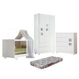 Quarto De Bebê Berço Mini Cama Com Colchão, Cômoda 1 Porta 4 Gavetas E Roupeiro 3 Portas 2 Gavetas Branco