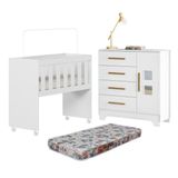 Quarto De Bebê Com Mini Berço Com Colchão 5 Em 1 Ariel E Cômoda 4 Gavetas 1 Porta Fly 100% Mdf Branco