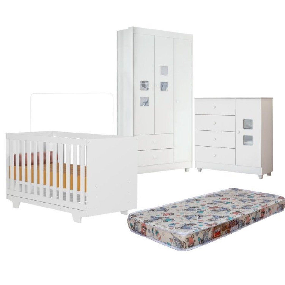 Quarto De Bebe Com Berço Mini Cama 100% Mdf Com Colchão Life Cômoda Life Guarda-roupa Life Branco