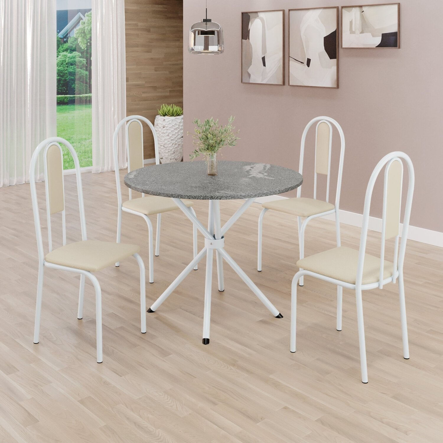 Conjunto Sala De Jantar Mesa Redonda 70cm Tampo Granito Topázio 4 Cadeiras Linda Yescasa Creme/branco