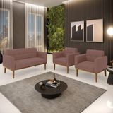 Conjunto 2 Poltronas E 1 Namoradeira Decorativa Pés Fixo Em Madeira Castanho Veludo Rose