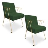 Kit 02 Poltronas Decorativa Taina Suede Base Metálica Industrial Dourado Verde