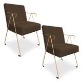 Kit 02 Poltronas Decorativa Taina Suede Base Metálica Industrial Dourado Marrom