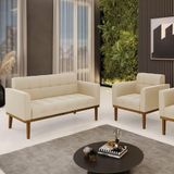 Conjunto Poltrona E Namoradeira Decorativas Pés Fixo Em Madeira Castanho Suede Bege