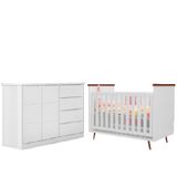 Quarto De Bebê Berço Americano Baby Wood E Cômoda Infantil Diamante 100% Mdf Cor Branco Com Amadeirado - Phoenix Baby