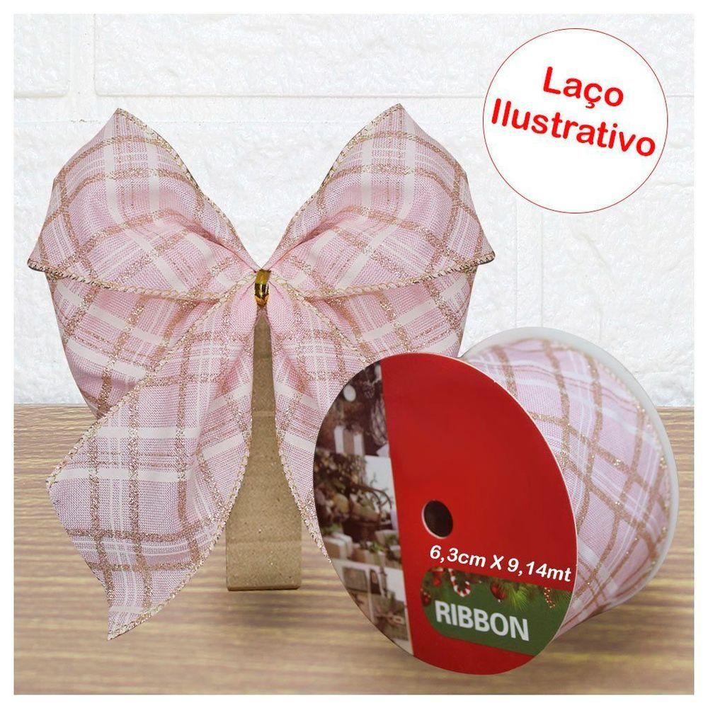 Kit 2 Rolo Fita Aramada Natal Rosa Com Dourado Decoração Natalina 6,3cm X 9,14m