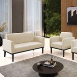 Conjunto Poltrona E Namoradeira Decorativa Pés Fixo Em Madeira Preto Suede Bege