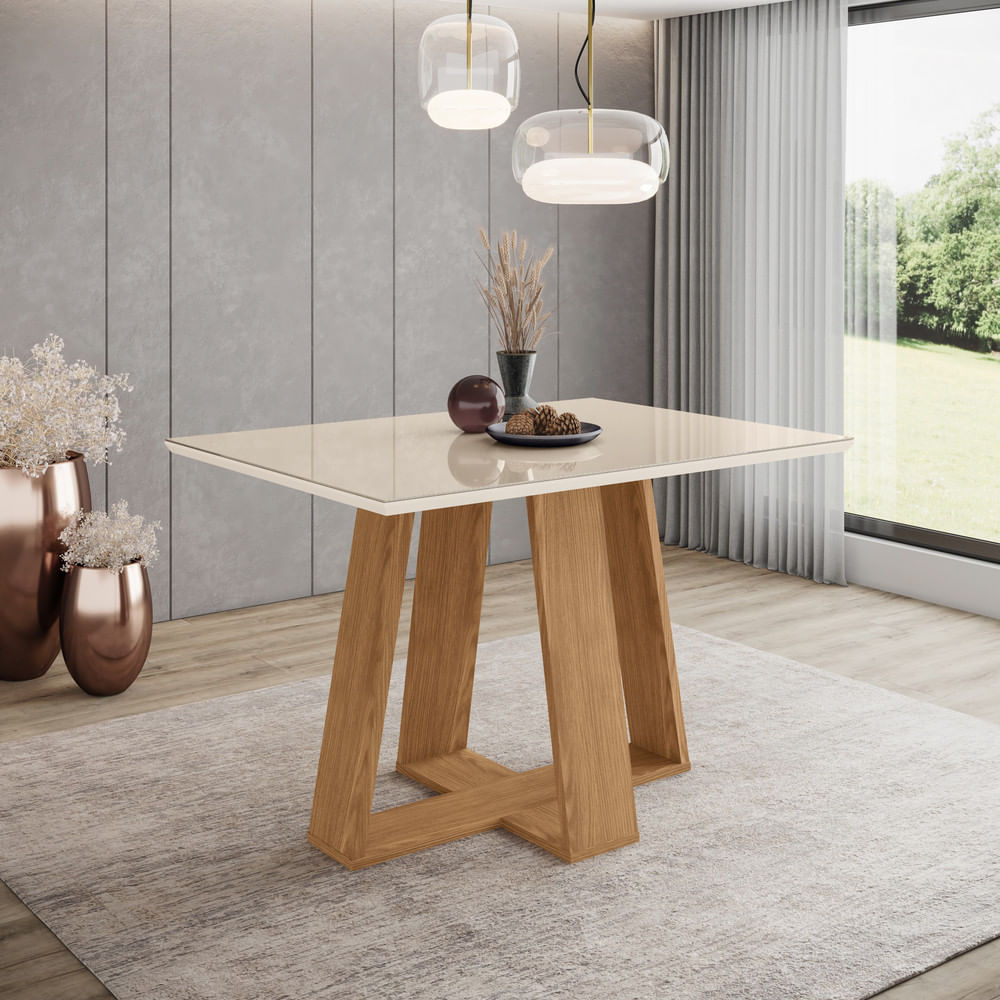 Mesa De Jantar 4 Lugares 1,2m Tampo Mdf E Vidro Canto Reto Lins Henn