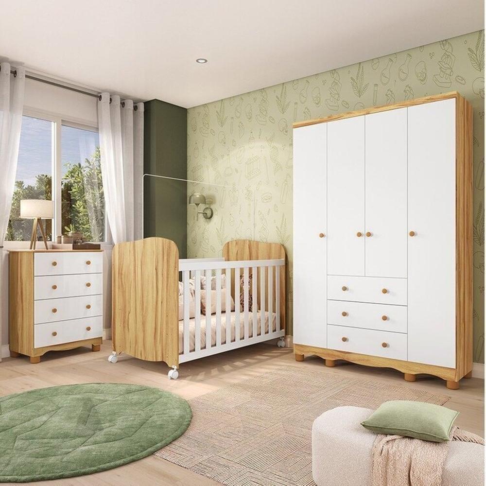 Quarto De Bebê Com Guarda Roupas 4 Portas Cômoda E Berço Com Rodizio Mimo 100% Mdf Espresso Móveis Branco Brilho/amêndoa