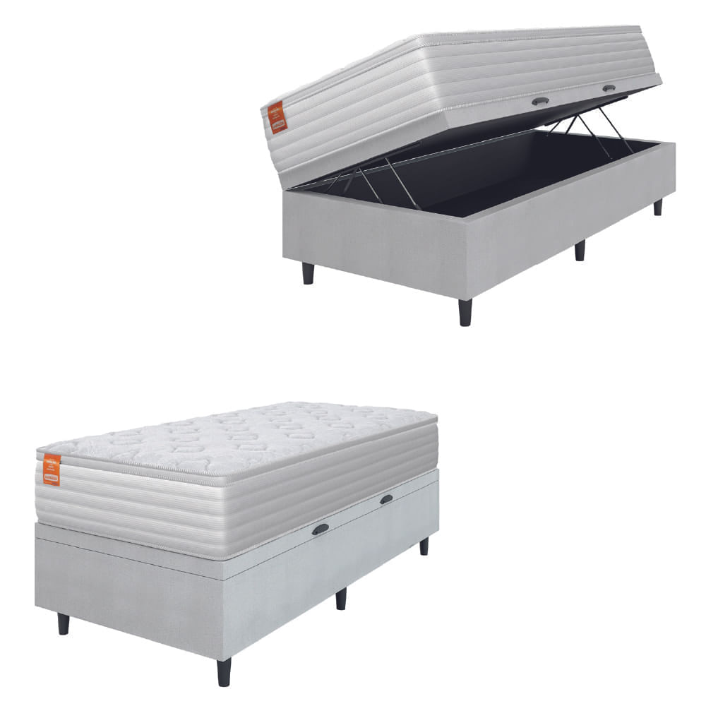 Cama Box Baú Colchão Solteiro Molas Ensacadas Real 88x188x68cm Linho Branco Inducol - Suporta Até 130kg Por Pessoa