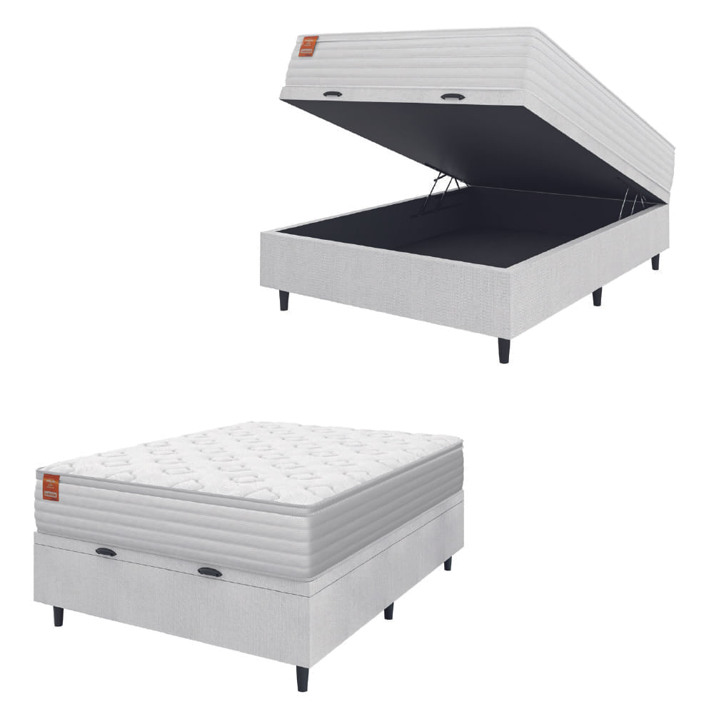 Cama Box Baú Colchão Casal Molas Ensacadas Real 138x188x68cm Linho Branco Inducol - Suporta Até 130kg Por Pessoa