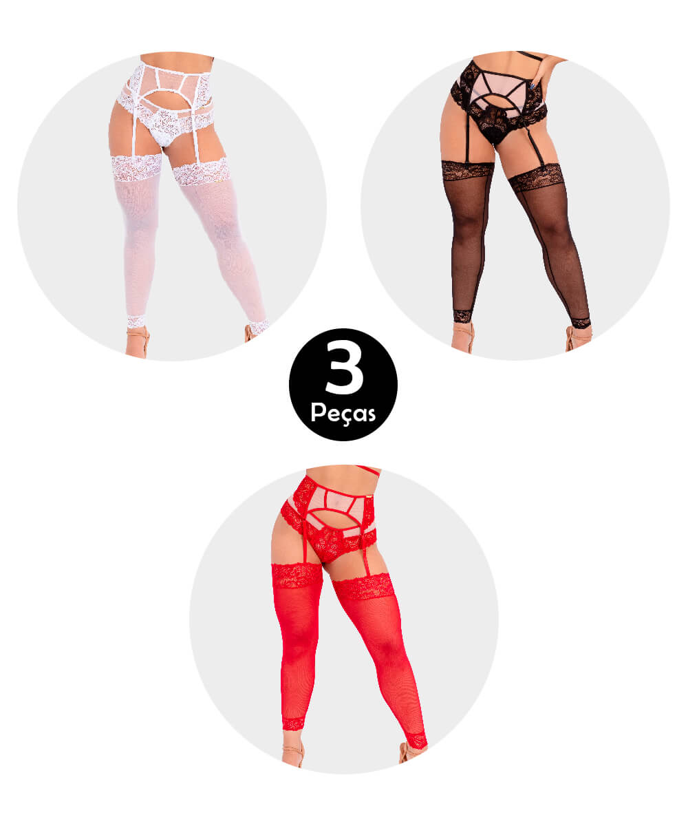 Kit 3 Cinta Liga Imi Lingerie Tule E Renda Com Meia