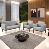 Conjunto 2 Poltronas E 1 Namoradeira Decorativa Pés Fixo Em Madeira Castanho Linho Cinza