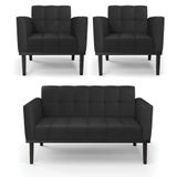 Conjunto 2 Poltronas E 1 Namoradeira Decorativa Pés Fixo Em Madeira Preto Pu Preto