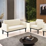 Conjunto Poltrona E Namoradeira Decorativa Pés Fixo Em Madeira Preto Veludo Bege