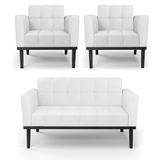 Conjunto 2 Poltronas E 1 Namoradeira Decorativa Pés Fixo Em Madeira Preto Pu Branco