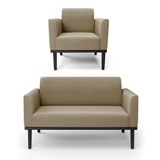 Conjunto Poltrona E Namoradeira Decorativa Pés Fixo Em Madeira Preto Suede Nude