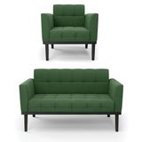Conjunto Poltrona E Namoradeira Decorativa Pés Fixo Em Madeira Preto Suede Verde