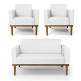 Conjunto 2 Poltronas E 1 Namoradeira Decorativa Pés Fixo Em Madeira Castanho Pu Branco