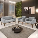 Conjunto 2 Poltronas E 1 Namoradeira Decorativa Pés Fixo Em Madeira Castanho Suede Cinza