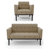 Conjunto Poltrona E Namoradeira Decorativa Pés Fixo Em Madeira Preto Suede Nude