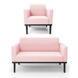 Conjunto Poltrona E Namoradeira Decorativa Pés Fixo Em Madeira Preto Suede Rosa Bebê