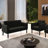 Conjunto Poltrona E Namoradeira Decorativa Pés Fixo Em Madeira Preto Suede Preto