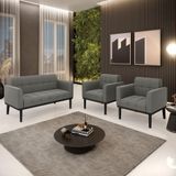 Conjunto 2 Poltronas E 1 Namoradeira Decorativa Pés Fixo Em Madeira Preto Suede Grafite