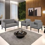 Conjunto 2 Poltronas E 1 Namoradeira Decorativa Pés Fixo Em Madeira Preto Linho Cinza Mesclado
