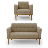 Conjunto Poltrona E Namoradeira Decorativas Pés Fixo Em Madeira Castanho Suede Nude