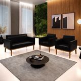 Conjunto 2 Poltronas E 1 Namoradeira Decorativa Pés Fixo Em Madeira Castanho Pu Preto Brilho