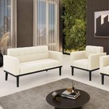 Conjunto Poltrona E Namoradeira Decorativa Pés Fixo Em Madeira Preto Veludo Bege