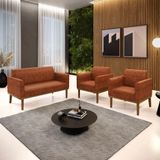 Conjunto 2 Poltronas E 1 Namoradeira Decorativa Pés Fixo Em Madeira Castanho Pu Nozes
