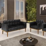 Conjunto Poltrona E Namoradeira Decorativas Pés Fixo Em Madeira Castanho Pu Preto Brilho