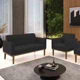 Conjunto Poltrona E Namoradeira Decorativas Pés Fixo Em Madeira Castanho Veludo Preto
