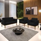 Conjunto 2 Poltronas E 1 Namoradeira Decorativa Pés Fixo Em Madeira Castanho Linho Preto