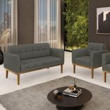 Conjunto Poltrona E Namoradeira Decorativas Pés Fixo Em Madeira Castanho Linho Cinza Mesclado