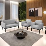 Conjunto 2 Poltronas E 1 Namoradeira Decorativa Pés Fixo Em Madeira Preto Linho Cinza