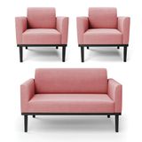 Conjunto 2 Poltronas E 1 Namoradeira Decorativa Pés Fixo Em Madeira Preto Suede Rose