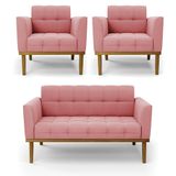 Conjunto 2 Poltronas E 1 Namoradeira Decorativa Pés Fixo Em Madeira Castanho Suede Rose