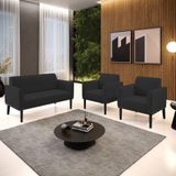 Conjunto 2 Poltronas E 1 Namoradeira Decorativa Pés Fixo Em Madeira Preto Veludo Preto