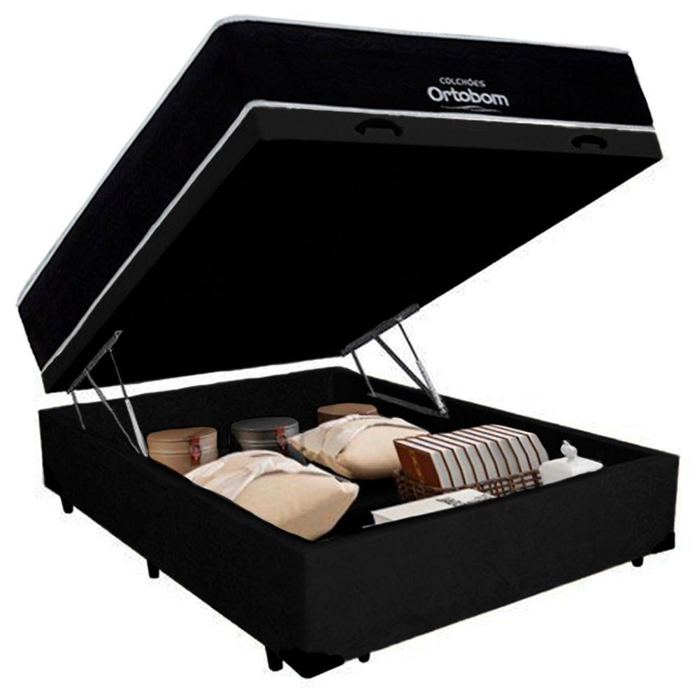 Cama Box Baú Casal Suede + Colchão Airtech Molas Ensacadas Antares Ortobom 138x188x71 Cor:preto