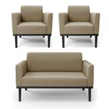 Conjunto 2 Poltronas E 1 Namoradeira Decorativa Pés Fixo Em Madeira Preto Suede Nude