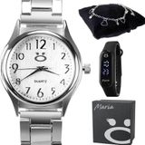 Relogio Feminino Aço Inox Prata Premium + Pulseira + Caixa Social Presente Qualidade Moda