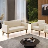Conjunto Poltrona E Namoradeira Decorativa Pés Fixo Em Madeira Castanho Suede Bege